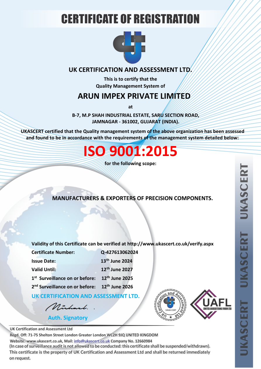 ISO 9001:2015 certificate of registration for Arun Impex Private Limited